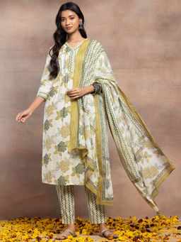 Indya - Green Floral Print Pleated A-Line Kurta with Pants and Dupatta (Set of 3)