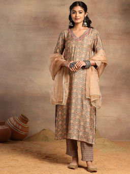 Indya - Grey Abstract Floral Print Kurta with Pants and Organza Dupatta (Set of 3)