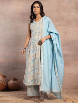 Indya - Light Blue Floral Print Sleeveless Cotton Kurta with Palazzo and Dupatta (Set of 3)