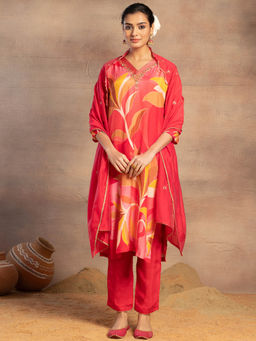 Indya - Red Botanical Print Muslin Kurta with Pants and Dupatta (Set of 3)