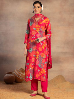 Indya - Red Botanical Print Muslin Kurta with Pants and Dupatta (Set of 3)