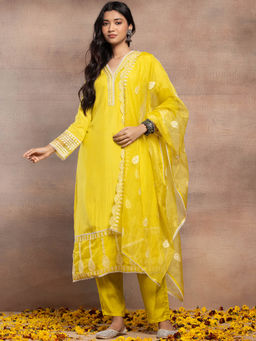 Indya - Yellow Sequin Embroidered Muslin Kurta with Pants and Organza Dupatta (Set of 3)