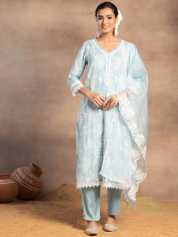 Indya - Light Blue Thread Embroidered Muslin Kurta with Pants and Organza Dupatta (Set of 3)
