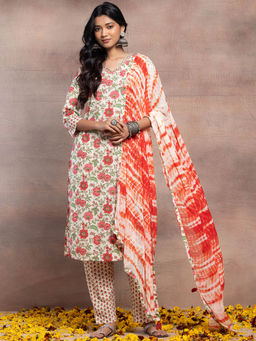 Indya - White Floral Print Cotton Straight Kurta with Pants and Dupatta (Set of 3)