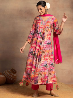 Indya - Pink V-Neck Floral Print Muslin Kurta with Pants and Dupatta (Set of 3)