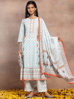 Indya - Light Blue Printed Tiered Cotton Kurta with Pants and Dupatta (Set of 3)