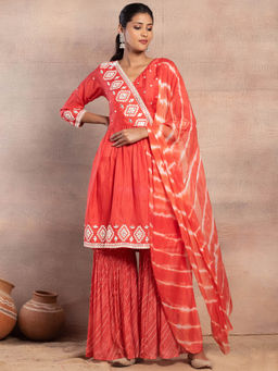 Indya - Orange Mirror Embroidered Kurta with Printed Sharara and Dupatta (Set of 3)