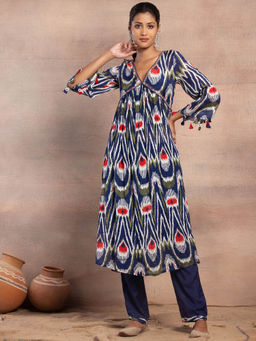Indya - Blue Abstract Print Mirror Embroidered Kurta with Pants (Set of 2)