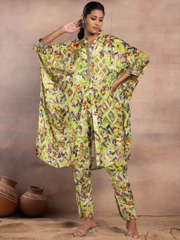Indya - Green Abstract Print Kaftan Kurta with Pants (Set of 2)