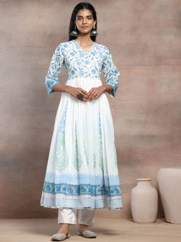 Indya - Off White Block Print Embroidered Cotton Anarkali Kurta