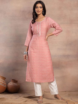 Indya - Pink Print Embroidered Neck Straight Kurta
