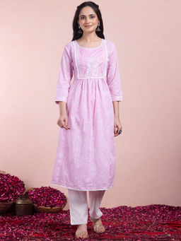 Indya - Light Pink Mirror and Thread Embroidered A-Line Kurta