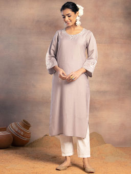 Indya - Light Mauve Thread Embroidered Muslin Straight Kurta