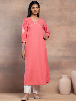 Indya - Pink Thread Embroidered V-Neck Cotton A-Line Kurta