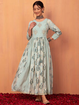 Indya - Blue Boota Print Muslin Maxi Dress