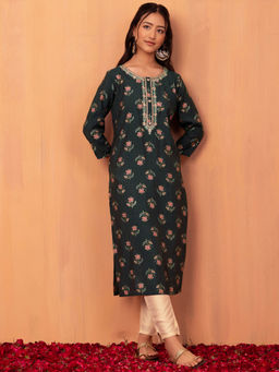 Indya - Black Floral Print Straight Kurta