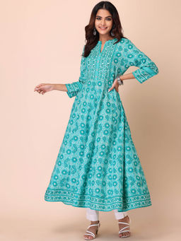 Indya - Blue Floral Print Muslin Anarkali Kurta