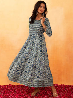 Indya - Blue Batik Print Rayon Anarkali Kurta
