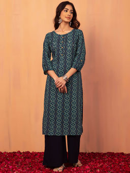 Indya - Blue Batik Print Cotton Straight Kurta