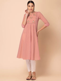 Indya - Pink Embroidered Cotton A-Line Kurta