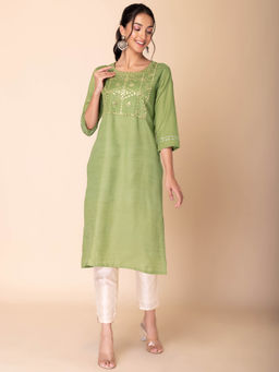 Indya - Pastel Green Mirror and Thread Embroidered Straight Kurta