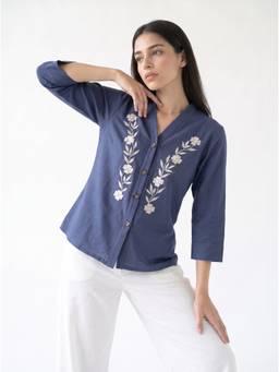 ZNKL - Women Cotton Flex Embroidered V-Neck A-Line Fit Blue Top