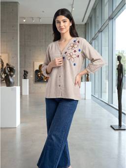 ZNKL - Women Cotton Flex Embroidered V-Neck A-Line Fit Beige Top