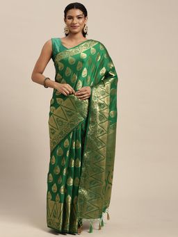 Mimosa - Women's Kanjivaram Crepe Green Saree with Unstitched Blouse