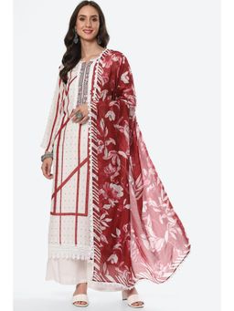 Biba - White & Red Cotton Unstitched Suit (Set of 3)