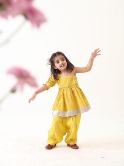 JILMIL - Yellow Cotton Lurex Flounce Kurta Pyjama (Set of 2)