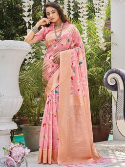 Odette - Pink Heavy Woven Linen Saree with Unstitched Blouse