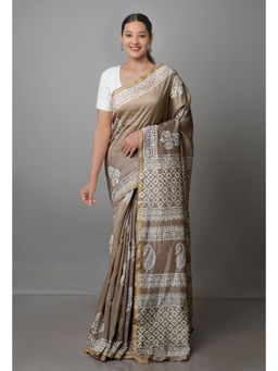 Unnati Silks - Pale Brown Pure Block Printed Chanderi Sico Saree with Unstitched Blouse