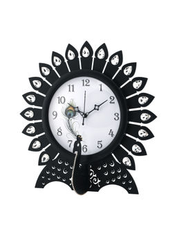 Kuber Industries - 14 Inches Wooden Peacock Designer Stones Analog Wall Clock Black