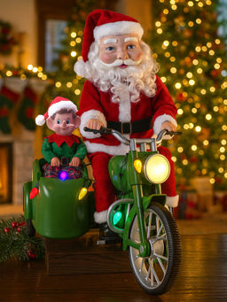Little Surprise Box - Santa Motorcycle With Elf In Sidecar Light,Music and Motion Christmas Home Decor