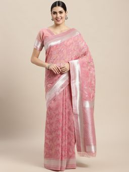 VAIRAGEE - Designer Pink Floral Woven Cotton Silk Saree with Unstitched Blouse