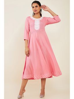 Soch - Women Pink Rayon Embroidered Dress Kurta