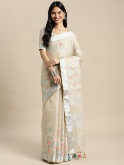 Sangam Prints - Beige Linen Resham Dori Work Traditional Tassle Saree with Unstitched