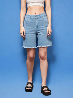 Miss Chase - Womens Light Blue Regular High Rise Stretchable Denim Shorts