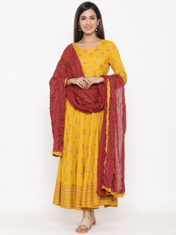 Kipek - Womens Golden Floral Printed Rayon Anarakli Kurta And Dupatta Mustard Colors (Set of 2)