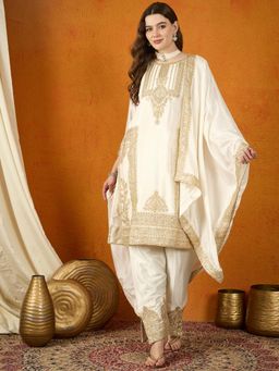Miss Ethnik - Off White Round Neck Three Fourth Sleeves Kurta and Pant and Dupatta