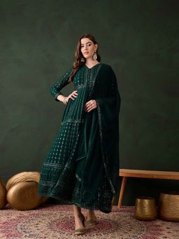 Miss Ethnik - Green Embellished Anarkali with Bottom & Dupatta (Set of 3)