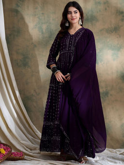 Miss Ethnik - Purple Embellished Anarkali with Bottom & Dupatta (Set of 3)
