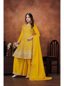 Miss Ethnik - Yellow Embroidered Kurta With Palazzo and Dupatta (Set of 3)