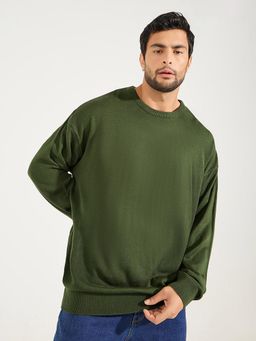 Styli - Men Olive Relaxed Fit Crew Neck Light Weight Sweater