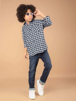 CRIMSOUNE CLUB - Boy'S Navy Blue Checked 100% Cotton Shirt