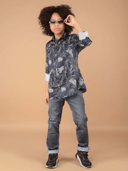 CRIMSOUNE CLUB - Boy'S Navy Blue Floral Print 100% Cotton Shirt