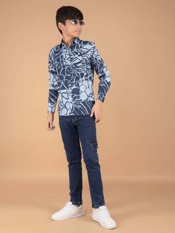 CRIMSOUNE CLUB - Boy'S Blue Floral Print 100% Cotton Shirt