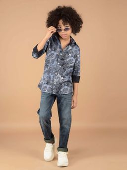 CRIMSOUNE CLUB - Boy'S Blue Floral Print 100% Cotton Shirt