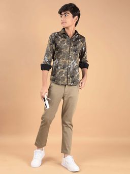 CRIMSOUNE CLUB - Boy'S Khaki Floral Print 100% Cotton Shirt