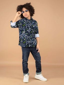 CRIMSOUNE CLUB - Boy'S Navy Blue Floral Print 100% Cotton Shirt